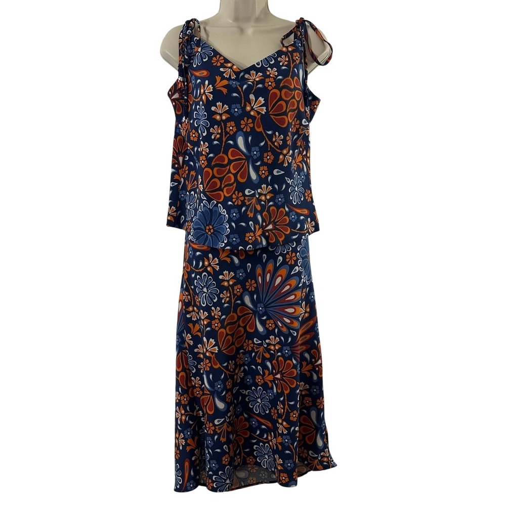 Sigrid Olsen Womens Blue Orange‎ Floral 2 Piece Cami Midi Skirt Set Size M